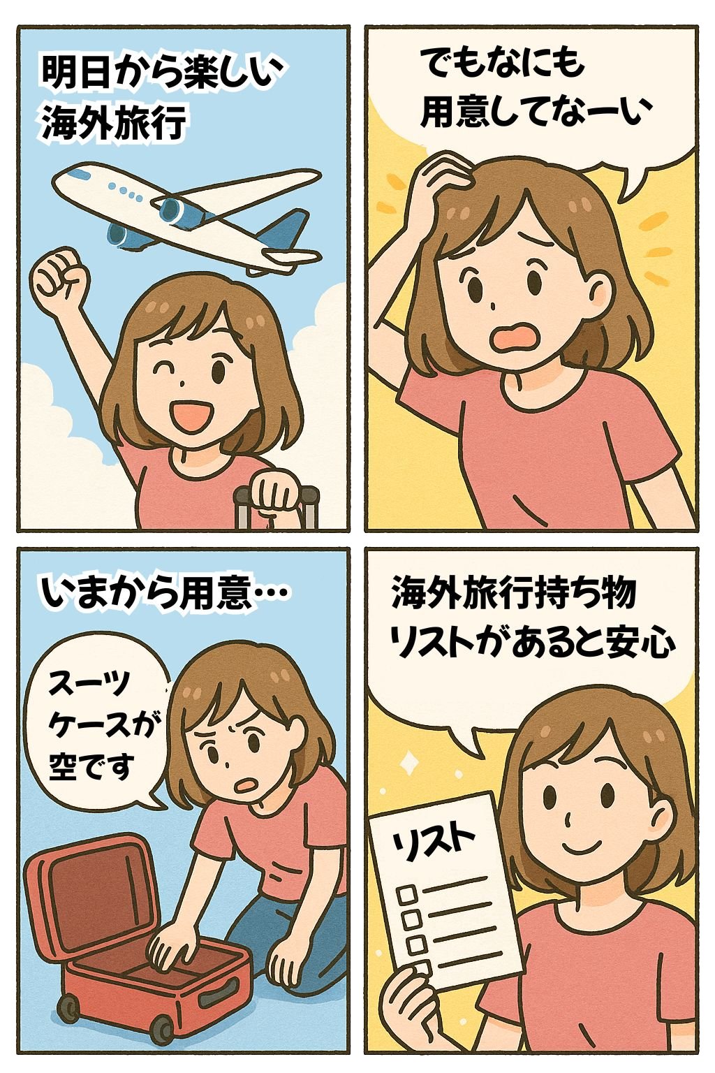 海外旅行の用意を急にしているマンガ