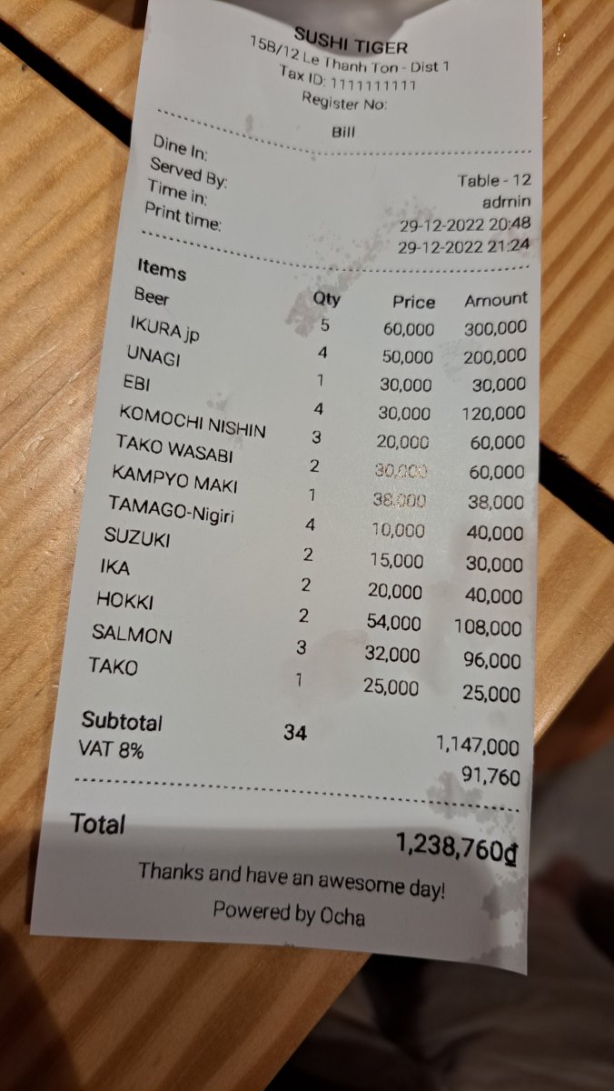 実際に2名で Sushi Tiger で食事をした際のお会計