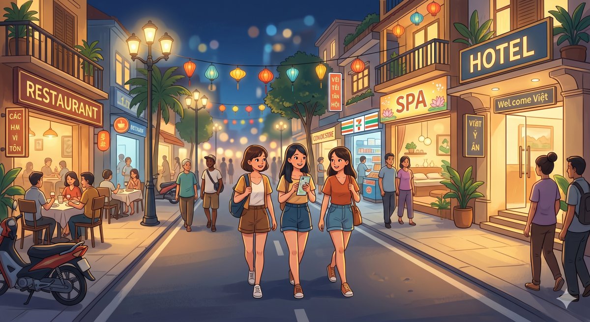 繁華街の街並みイラスト